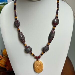 Antique Stone Beaded Necklace with Hand Carved Pendant